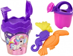 Set per la sabbia per bambini con unicorno – secchiello, paletta, rastrello, annaffiatoio e formine (viola)