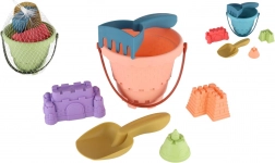Set di plastica per la sabbia con secchiello, paletta, rastrellino e 3 formine in rete