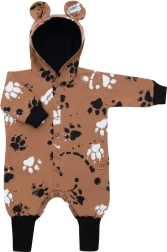 Tutina neonato in cotone con cappuccio e orecchiette NEW BABY con motivo a zampette, senape