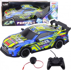 Auto RC sportivo blu‑giallo con luci e suoni