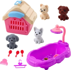 Set cura dei cagnolini con vaschetta, cuccia e accessori, 4 figurine