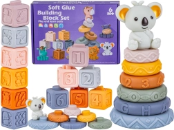 Cubi sensoriali morbidi in silicone e torre impilabile con numeri e forme con koala