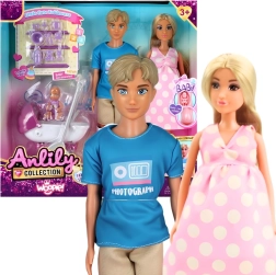 Set di marionette famigliare Woopie Lily – mamma incinta, papà, bebè e passeggino con accessori