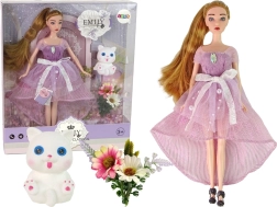 Bambola Emily con capelli lunghi e gattino bianco