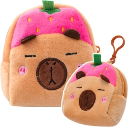 Portamonete in peluche capibara con fragolina rosa e clip 9,5 × 8 cm