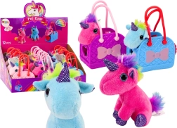 Unicorno di peluche con criniera colorata in borsa di gomma