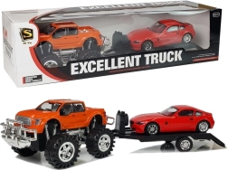 Set di veicoli: monster truck arancione con rimorchio di traino e auto sportiva rossa 58 cm
