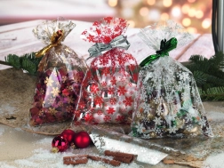 Sacchetto di cellophane 20 × 32 cm con motivo di fiocchi di neve, trasparente