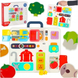 Tavola manipolativa Montessori con elementi di cucina e orologio educativo