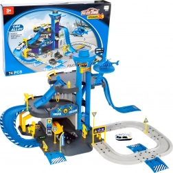 Garage della polizia con stazione, 3 piani con ascensore, auto e elicottero, 74 pezzi