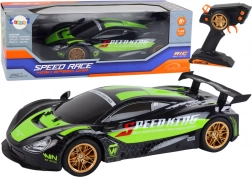 auto sportivo RC 1:10 verde‑nero con LED e 2,4 GHz