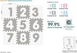 Tappeto puzzle in schiuma antibatterico con numeri 9 pz, grigio‑bianco, EVA, 10m+