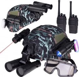 Set di equipaggiamento militare con casco, binocolo e walkie-talkie
