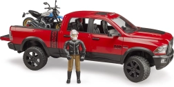 Bruder pick‑up fuoristrada Ram con moto Ducati Scrambler e figurina