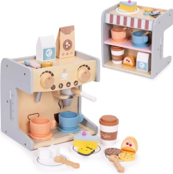 Macchina da caffè in legno per bambini 2 in 1 con caffetteria e 26 accessori ECOTOYS