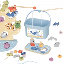 Set marino in legno 3 in 1: torre di equilibrio, pesca magnetica e infilatura – 23 pezzi