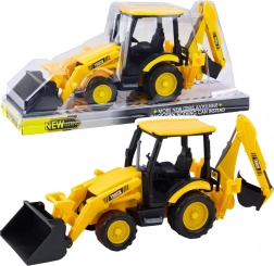 Escavatore gommato da costruzione con due benne mobili giallo