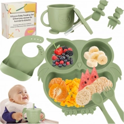 Set di stoviglie in silicone per bambini con motivo gufo in verde militare
