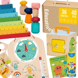 Tooky Toy montessori box educativo 6 in 1: box con serrature, pietre di equilibrio, tabella del meteo, conteggio 1–10, album da colorare e libricino