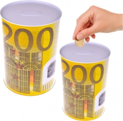 Salvadanaio in metallo a forma di lattina con motivo banconota da 200 Euro