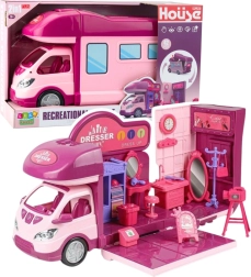 Camper rosa pieghevole per bambole con accessori e LED, 42 pezzi