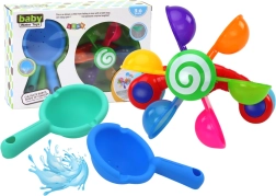 Giocattolo da bagno girevole con ciotole colorate e due cucchiai