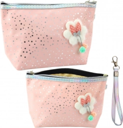 Astuccio per cosmetici rosa cipria con fiocco e brillantini