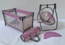Set per bambole Pink Flowers – lettino da viaggio e seggiolina 2 in 1 (dondolo)