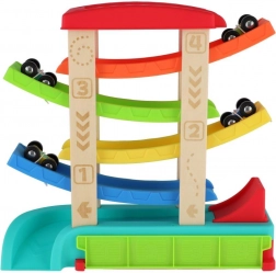 Pista da corsa a cascata per macchinine con 4 veicoli, legno e plastica, 33 × 32 × 10 cm