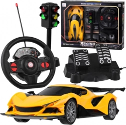 Auto sportiva RC con volante, pedali e semaforo 1:16 – gialla