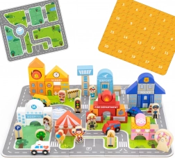 Costruzioni in legno Viga città con base puzzle e personaggi