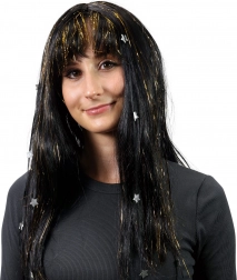 Parrucca con capelli neri decorata con strisce dorate e stelle