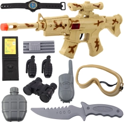Set militare con fucile e accessori, suono di sparo, mimetica sabbia