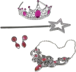 Set principessa rosa con corona, bacchetta e gioielli
