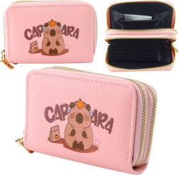 Portafoglio rosa con capibara, doppio scomparto, organizer per carte e contanti 12,5 × 8,5 cm