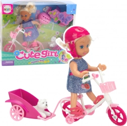 Set mini bambola con bicicletta, rimorchio e cagnolino bianco