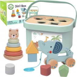 Woopie Green set educativo 3 in 1: box con shape sorter, piramide con orsetto e elefante da traino