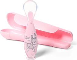 Cucchiaino per bambini in silicone con ventosa e custodia rosa BABYONO