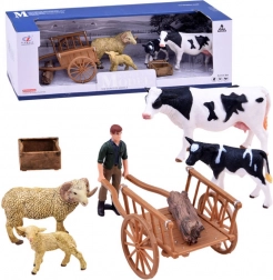 Set di figurine fattoria – mucca, vitello, ariete, pecora e contadino con recinto per animali – C