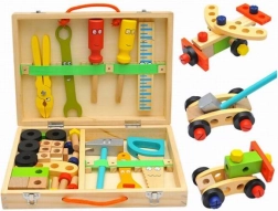 Attrezzi e blocchi da costruzione in legno in valigetta