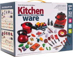 Set rosso di pentole con cucina e accessori