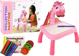 Tavolino da disegno con proiettore per bambini – rosa, giraffa, 24 motivi, 12 pennarelli