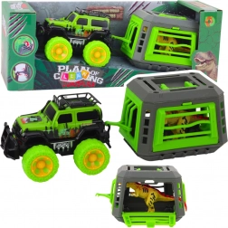 Fuoristrada con gabbia e dinosauro T-Rex