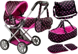 Passeggino per bambole Alice con marsupio e borsa nero-rosa