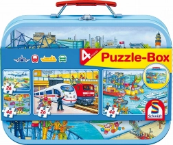 Puzzle trasporti 4 in 1 in valigetta di latta