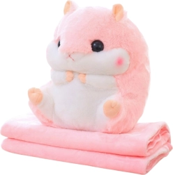 Criceto di peluche 3 in 1 con coperta e scaldamani, rosa 35 cm (coperta 190 × 100 cm)