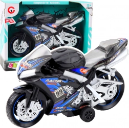 Moto da corsa nero-blu con effetti luminosi e sonori