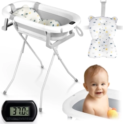 Vaschetta pieghevole per bambini con supporto, termometro e inserto Ricokids, bianco‑grigia