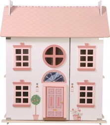 casa delle bambole in legno con tetto rosa e accessori