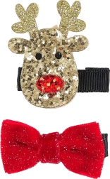 Mollette per capelli con renna e fiocco – 2 pz